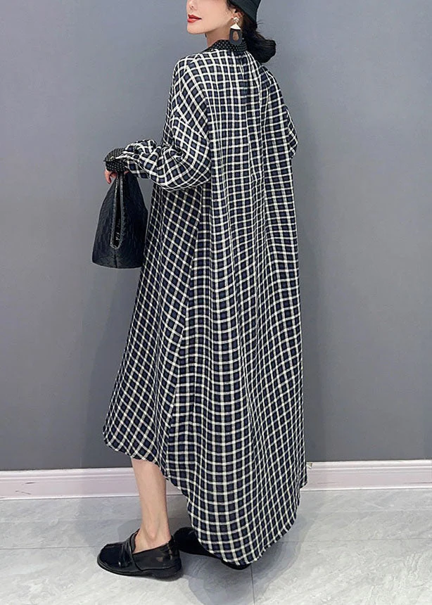 Black Plaid Cotton Robe Dresses Stand Collar Oversized Spring - Image 3