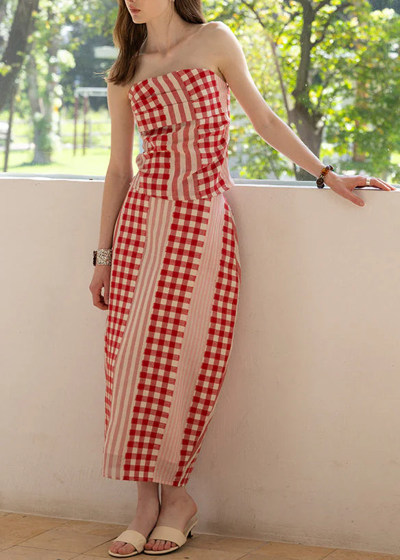 Black Plaid Cotton Strapless Two Piece Set Women Clothing Summer - Image 2