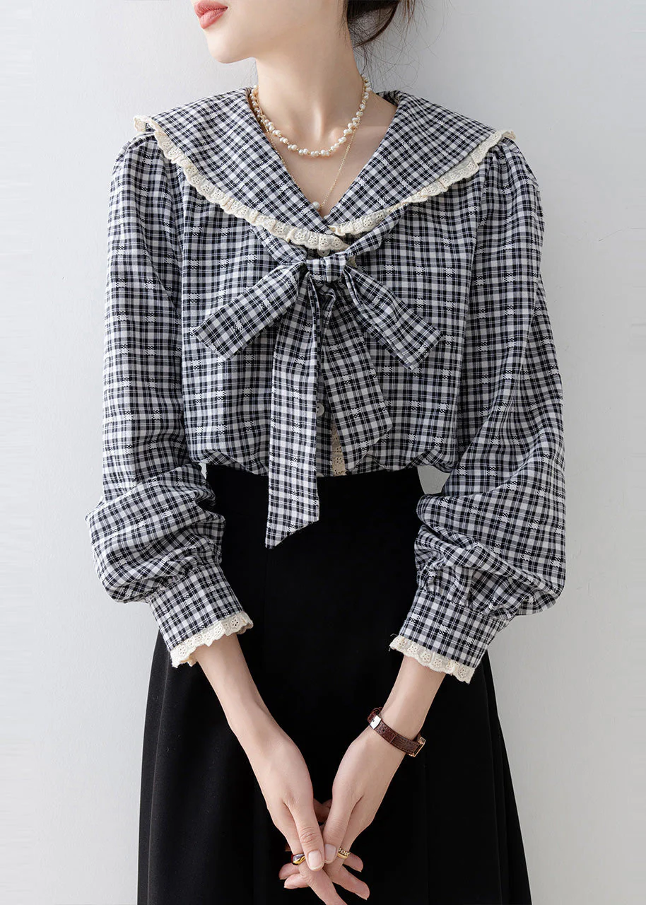 Black Plaid Cotton Top Peter Pan Collar Bow Spring - Image 2