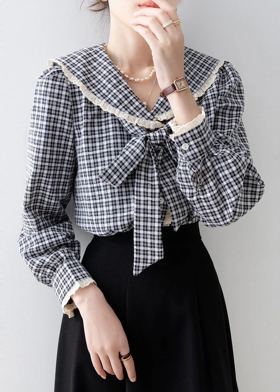 Black Plaid Cotton Top Peter Pan Collar Bow Spring - Image 3