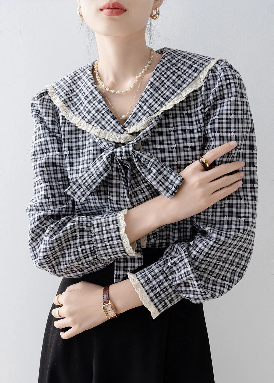 Black Plaid Cotton Top Peter Pan Collar Bow Spring - Image 4