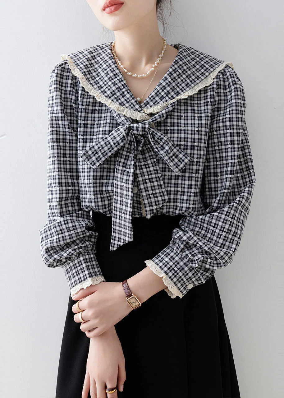 Black Plaid Cotton Top Peter Pan Collar Bow Spring - Image 5