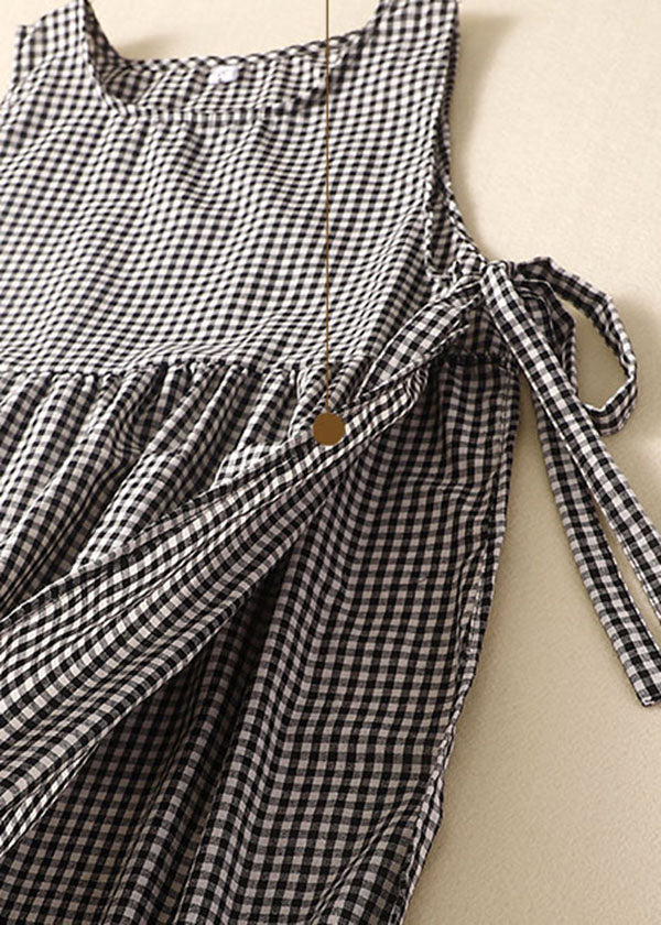 Black Plaid Linen Party Dress O-Neck Lace Up Wrinkled Sleeveless - Image 3