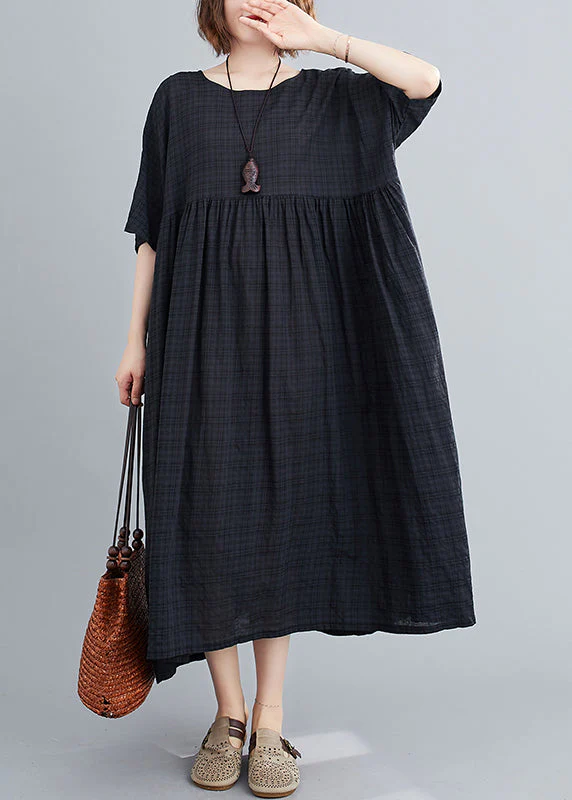 Black Plaid Loose Linen Dress wrinkled Short Sleeve - Image 2