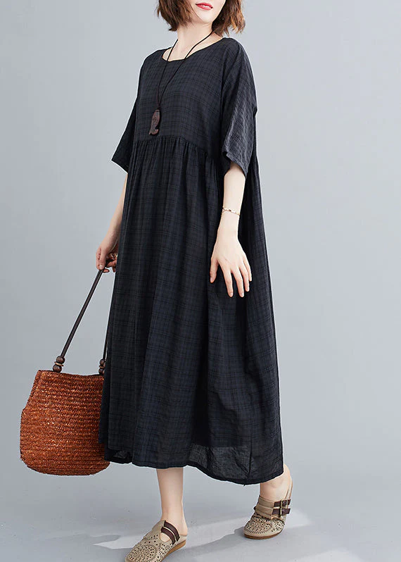 Black Plaid Loose Linen Dress wrinkled Short Sleeve - Image 3