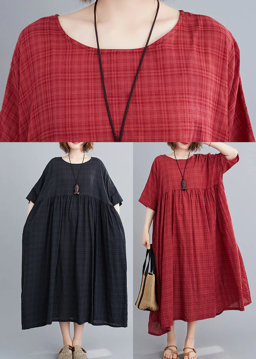 Black Plaid Loose Linen Dress wrinkled Short Sleeve - Image 4