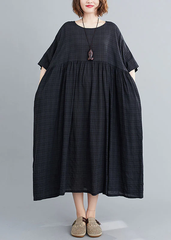 Black Plaid Loose Linen Dress wrinkled Short Sleeve - Image 5