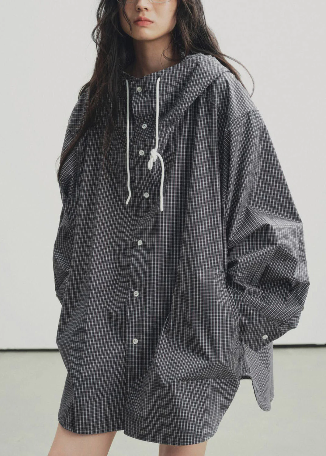 Black Plaid Low High Design Hooded Shirts Spring