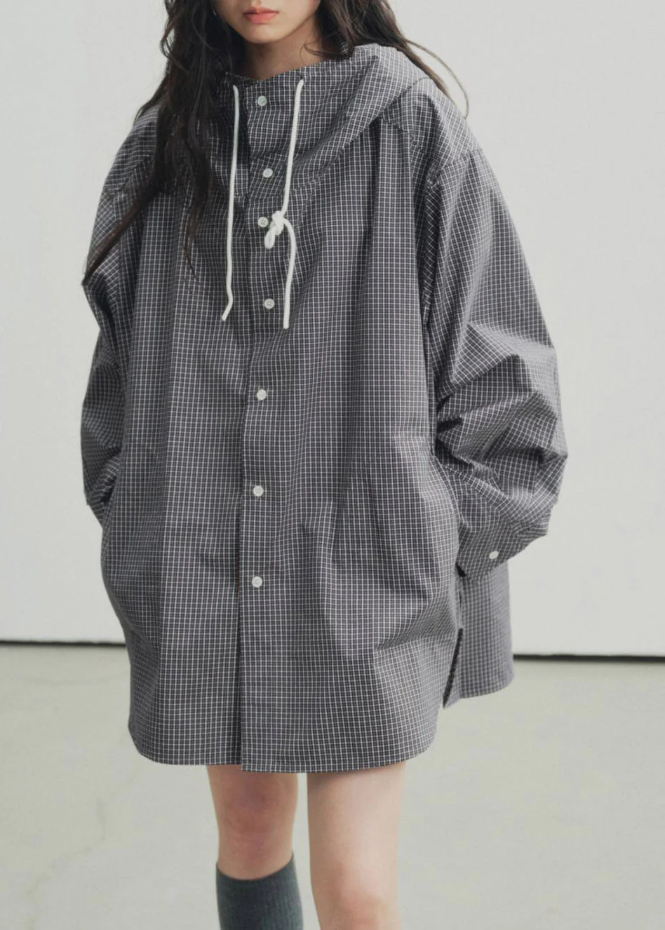 Black Plaid Low High Design Hooded Shirts Spring - Image 2