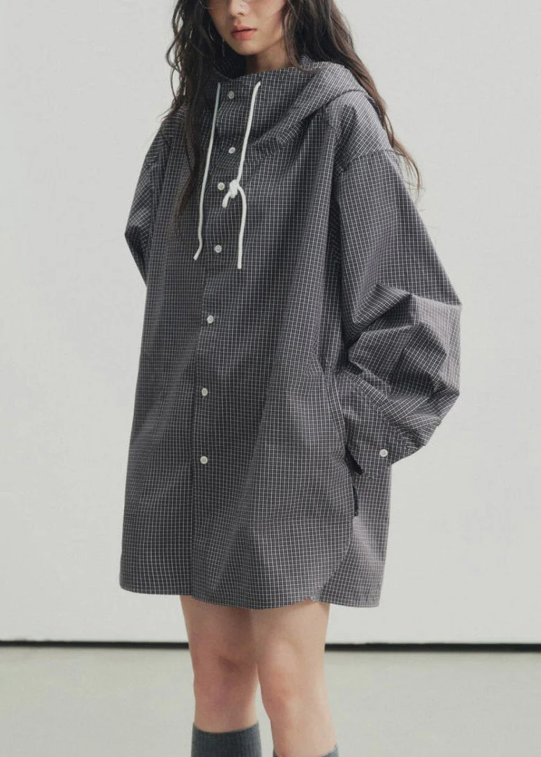 Black Plaid Low High Design Hooded Shirts Spring - Image 3