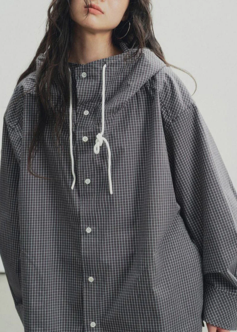 Black Plaid Low High Design Hooded Shirts Spring - Image 4