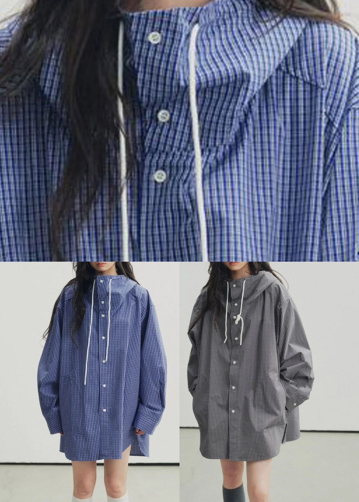 Black Plaid Low High Design Hooded Shirts Spring - Image 5