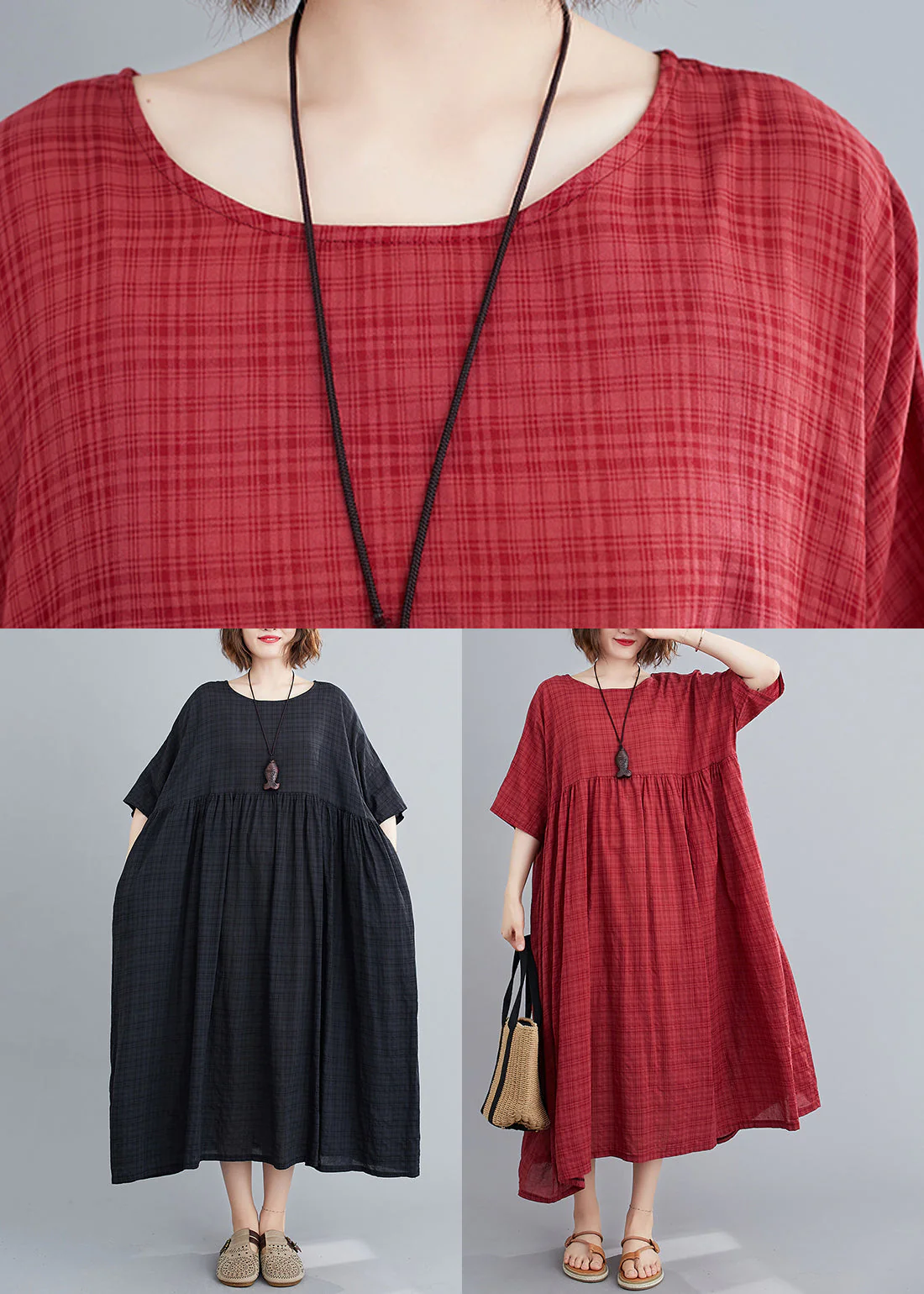 Black Plaid Patchwork Long Dresses Short Sleeve - Image 5