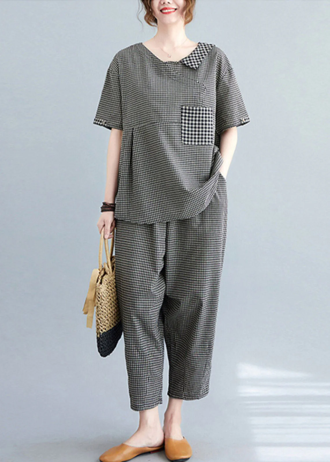 Black Plaid Wrinkled Patchwork T Shirt And Crop Pants Two Piece Set Short Sleeve