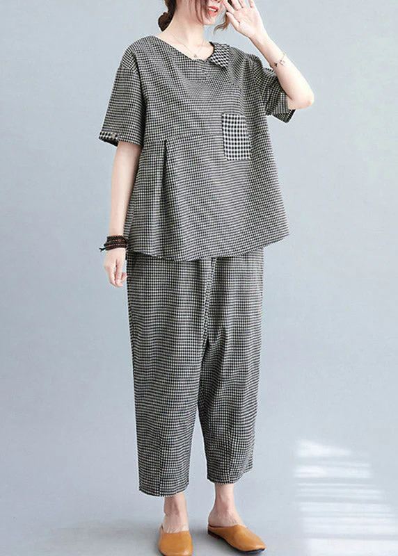 Black Plaid Wrinkled Patchwork T Shirt And Crop Pants Two Piece Set Short Sleeve - Image 2
