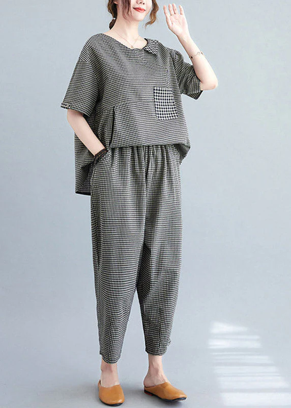 Black Plaid Wrinkled Patchwork T Shirt And Crop Pants Two Piece Set Short Sleeve - Image 3