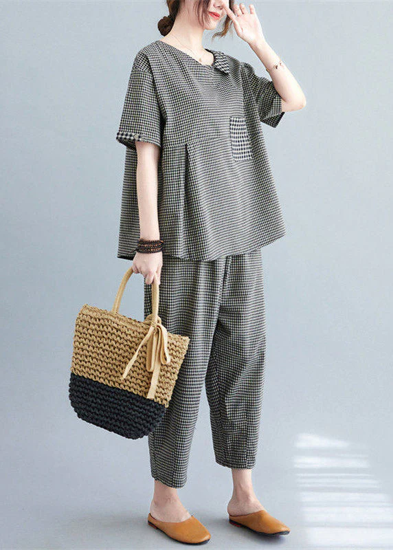 Black Plaid Wrinkled Patchwork T Shirt And Crop Pants Two Piece Set Short Sleeve - Image 4