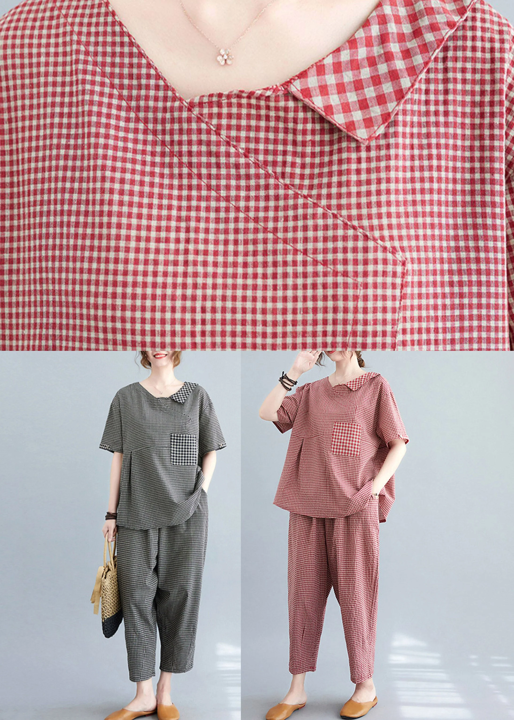 Black Plaid Wrinkled Patchwork T Shirt And Crop Pants Two Piece Set Short Sleeve - Image 5