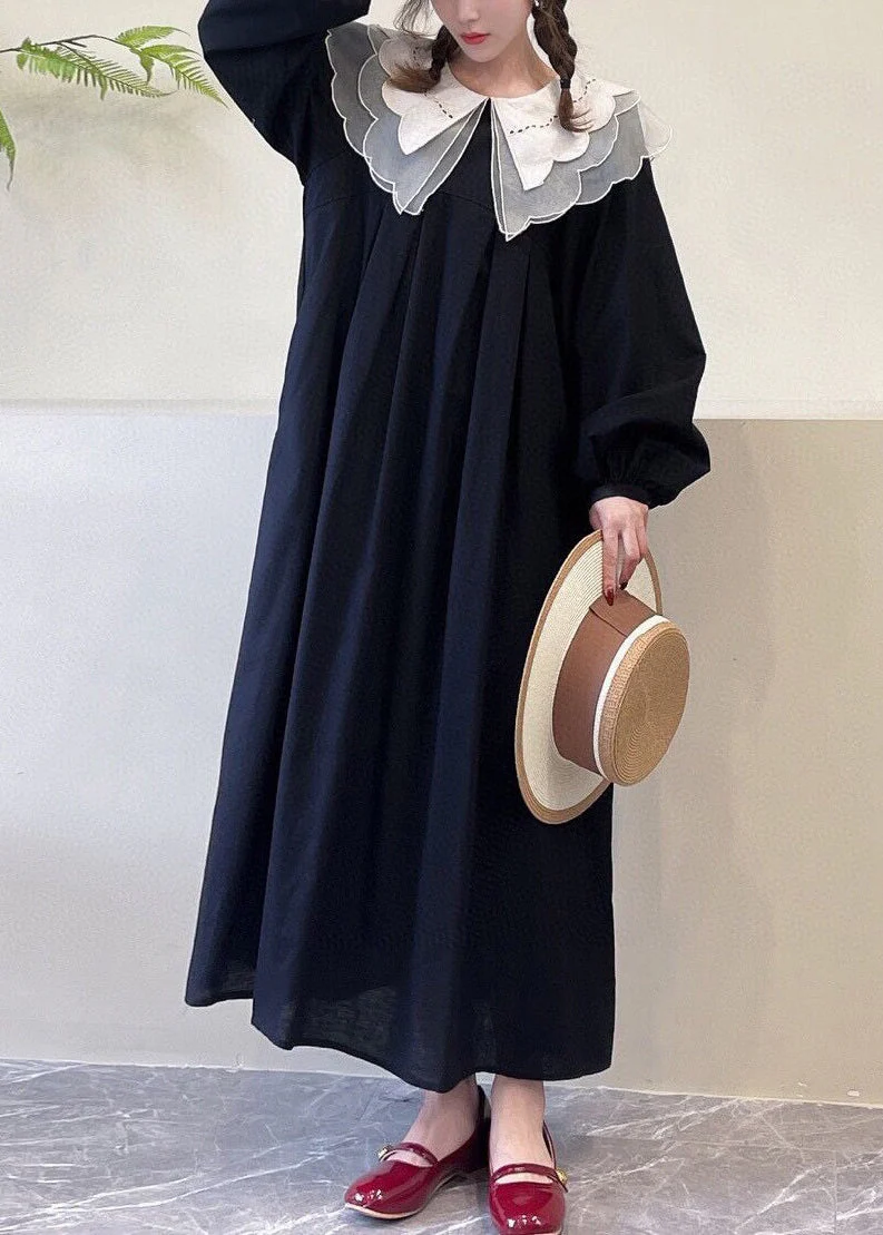 Black Pockets Cotton Dress Peter Pan Collar Long Sleeve - Image 2