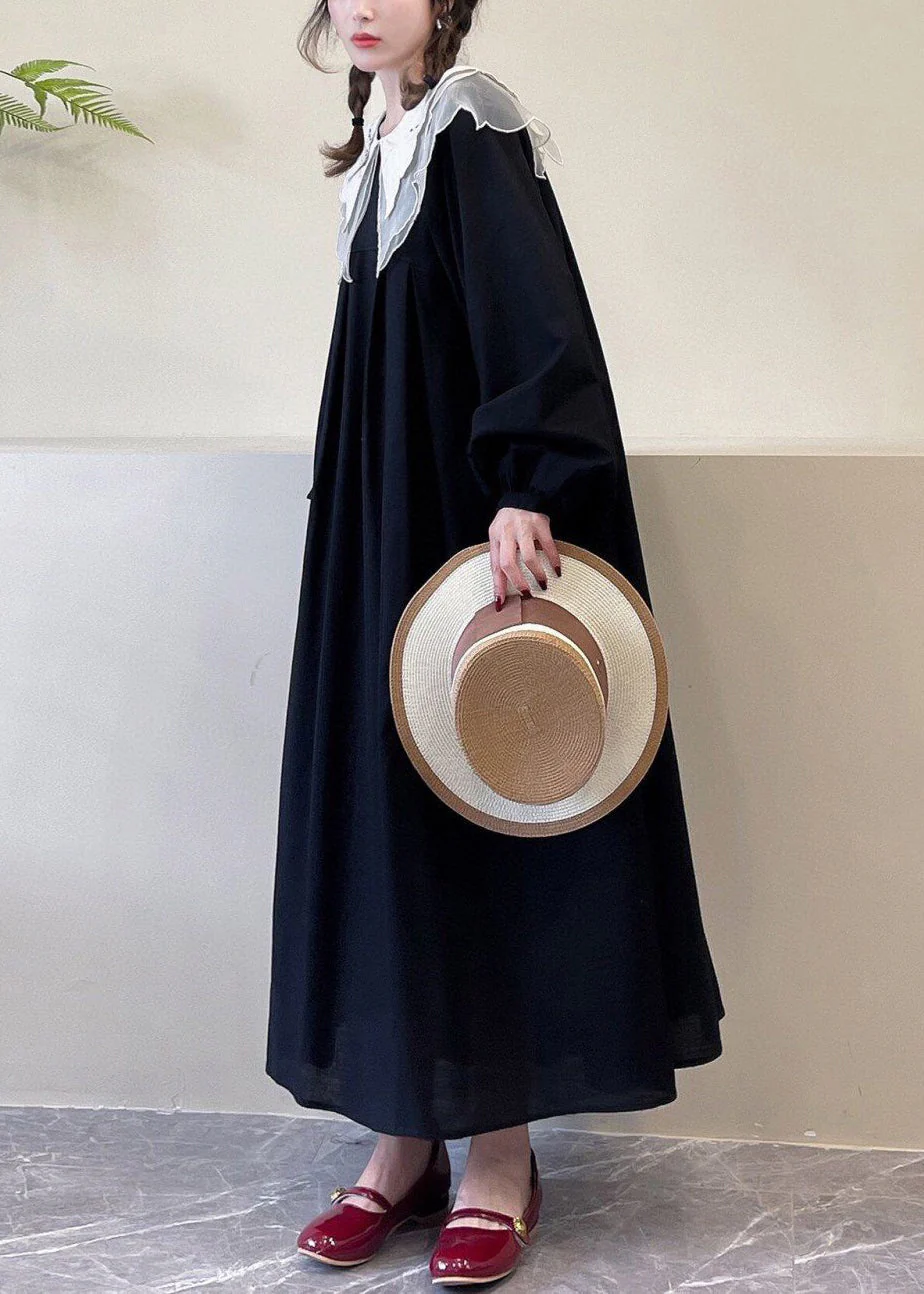Black Pockets Cotton Dress Peter Pan Collar Long Sleeve - Image 3