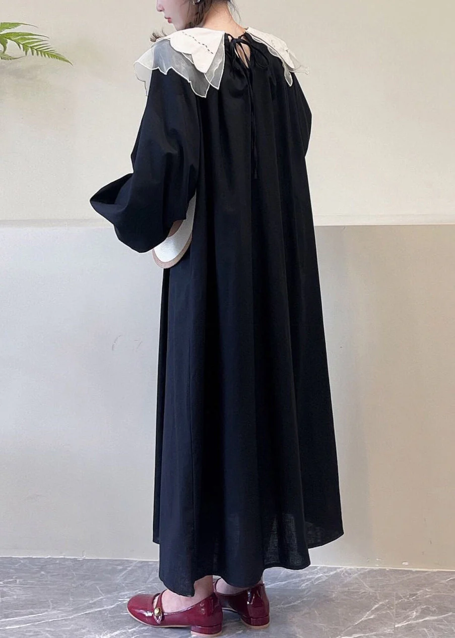 Black Pockets Cotton Dress Peter Pan Collar Long Sleeve - Image 4