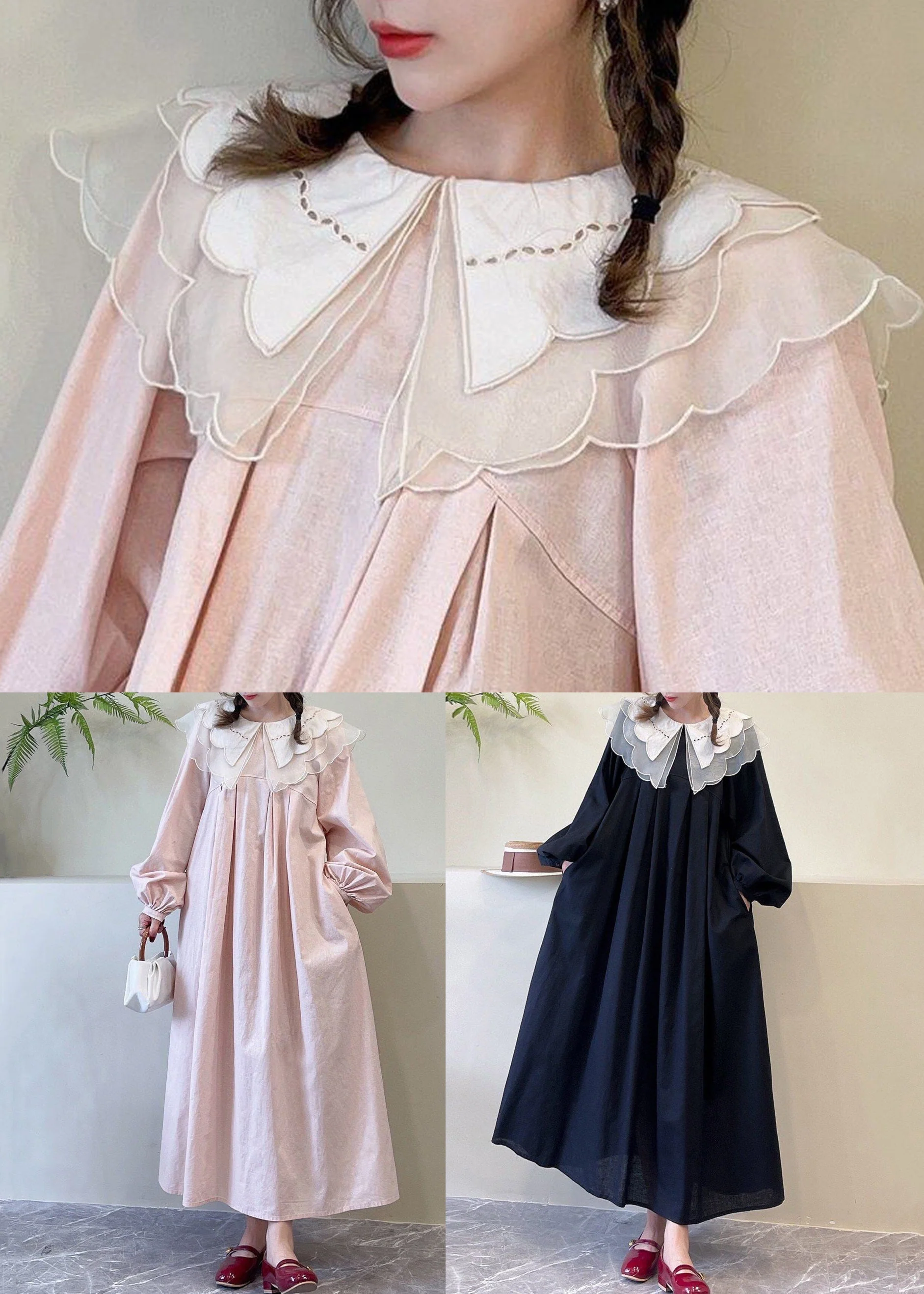 Black Pockets Cotton Dress Peter Pan Collar Long Sleeve - Image 5