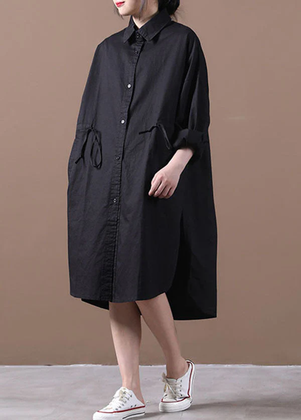 Black Pockets Cotton Loose Shirt Dresses Solid Color Drawstring Long Sleeve - Image 2