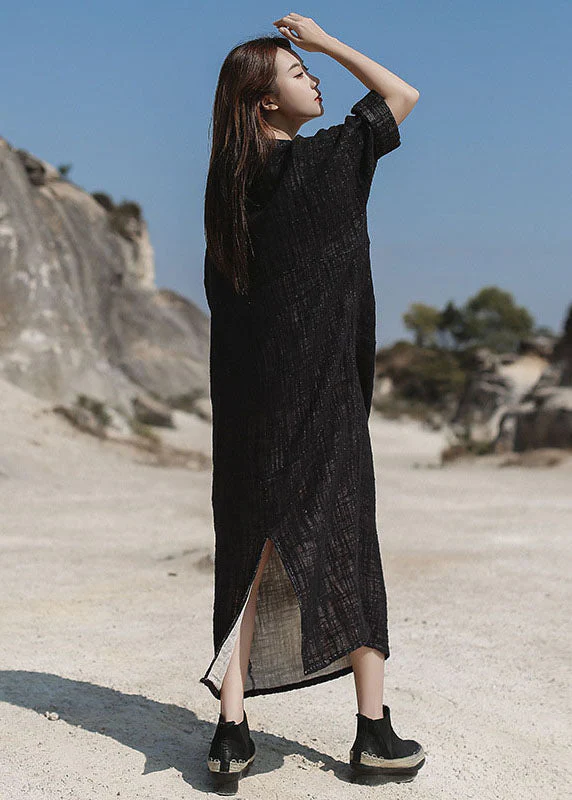 Black Pockets Cotton Maxi Dresses V Neck Spring - Image 3