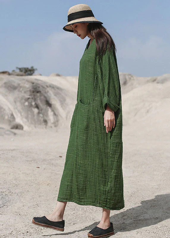 Black Pockets Cotton Maxi Dresses V Neck Spring - Image 4