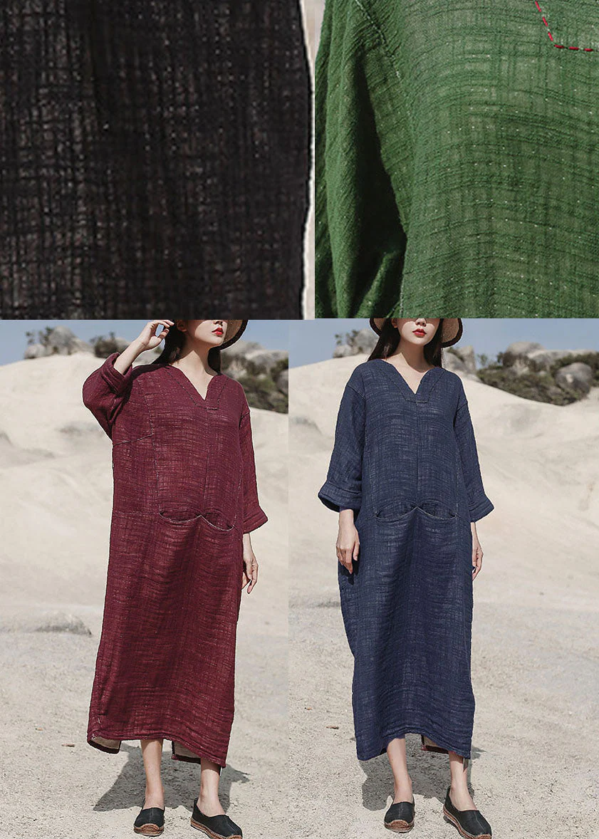 Black Pockets Cotton Maxi Dresses V Neck Spring - Image 5