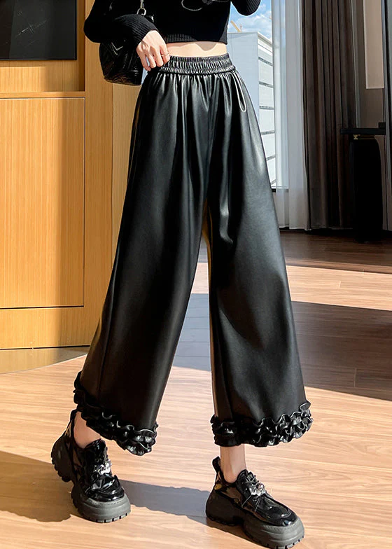 Black Pockets Elastic Waist Faux Leather Wide Leg Pants Ruffled - Image 3