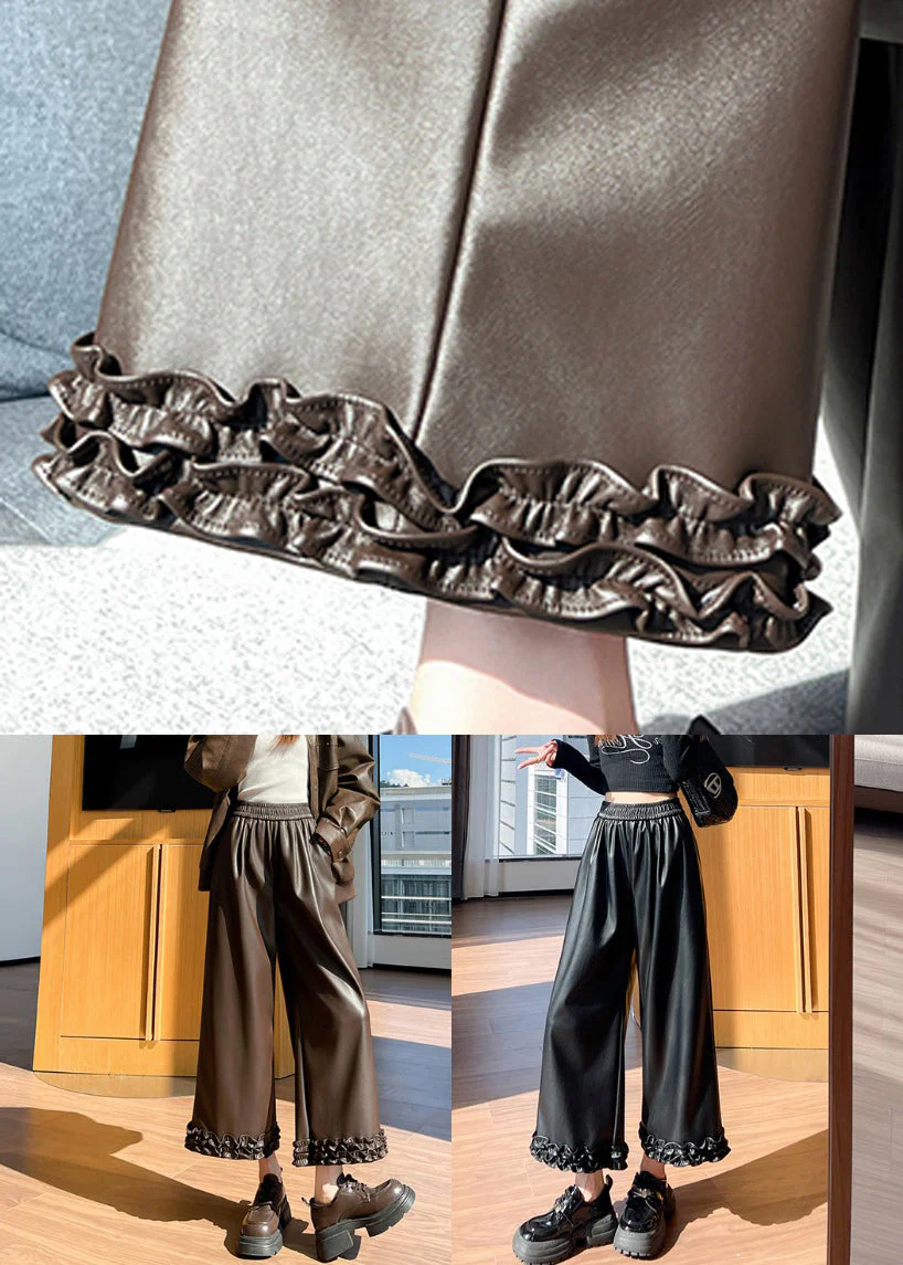 Black Pockets Elastic Waist Faux Leather Wide Leg Pants Ruffled - Image 5