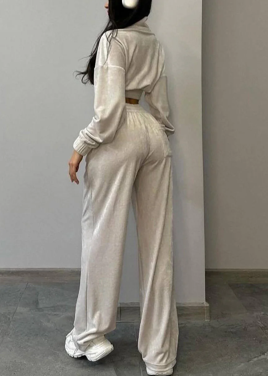 Black Pockets Elastic Waist Silk Velvet Two Pieces Set Zip Up - Image 2