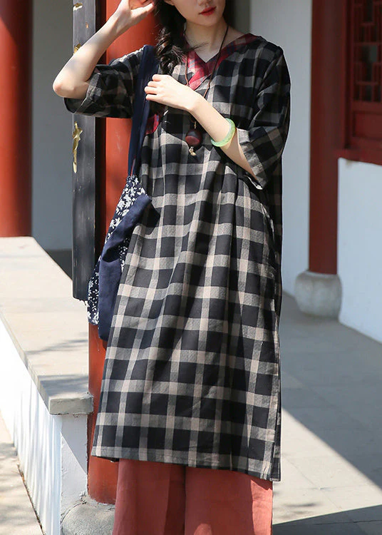 Black Pockets Patchwork Cotton Dress V Neck Summer - Image 3