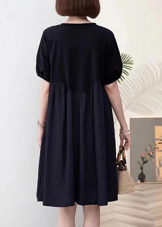 Black Pockets Patchwork Cotton Dresses O Neck Summer - Image 4
