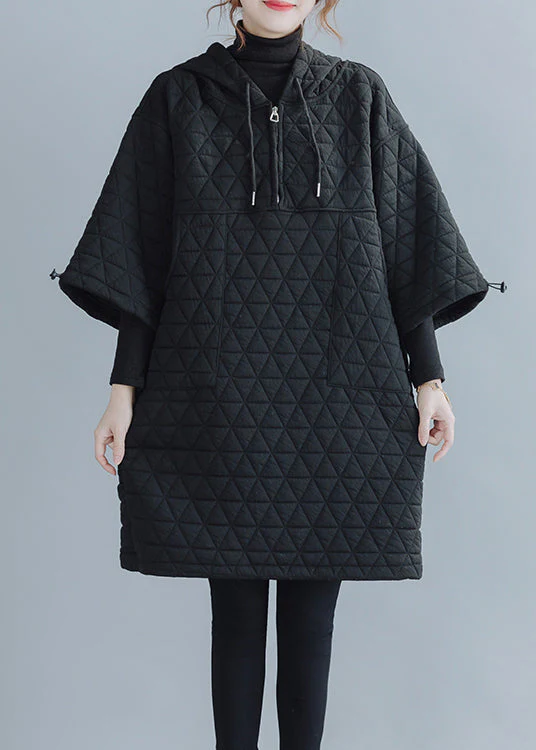 Black Pockets Patchwork Cotton Filled Mid Dress Zip Up Winter - Image 2