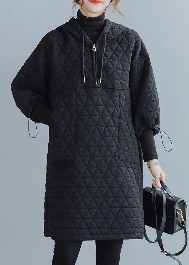 Black Pockets Patchwork Cotton Filled Mid Dress Zip Up Winter - Image 3