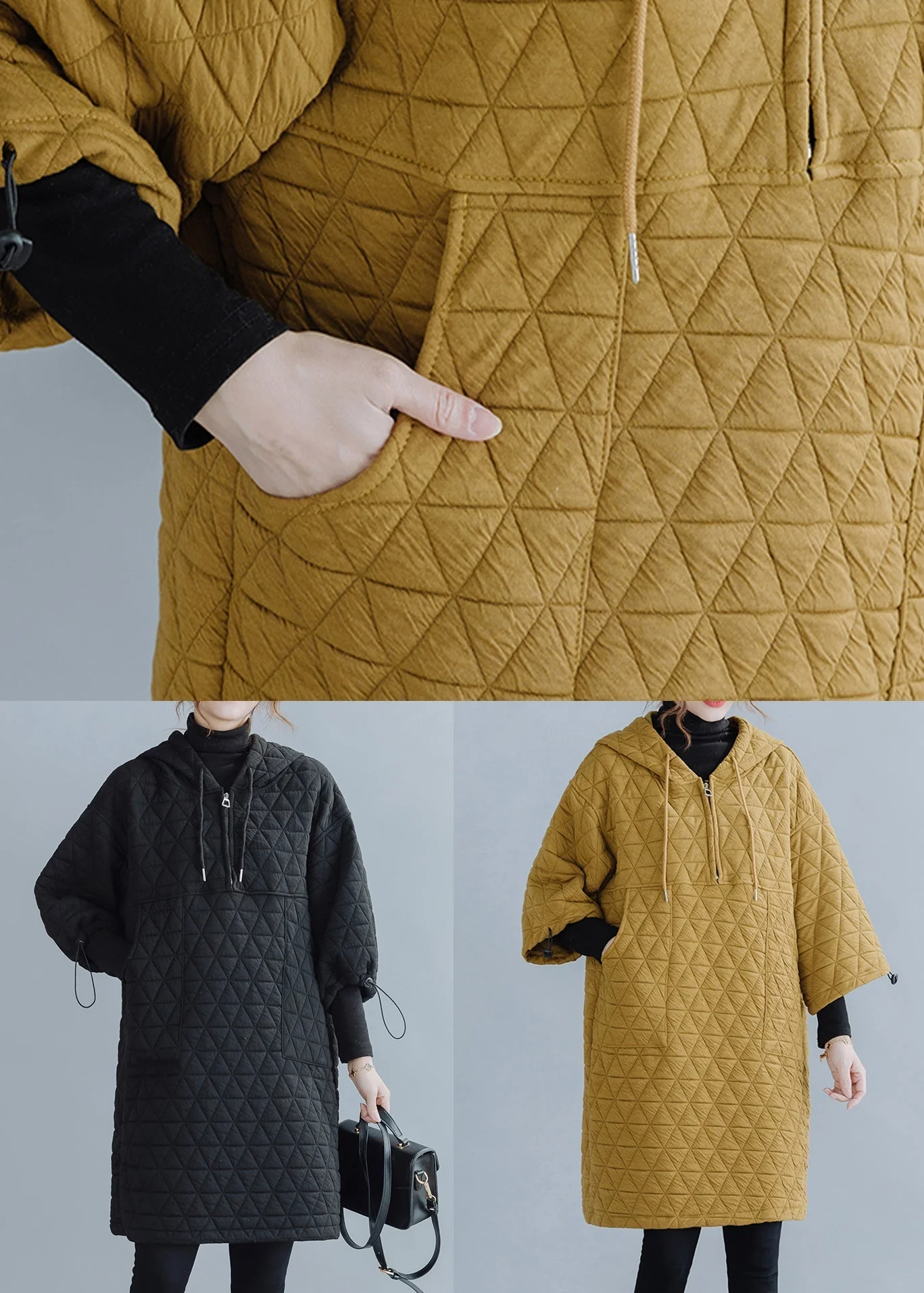 Black Pockets Patchwork Cotton Filled Mid Dress Zip Up Winter - Image 5