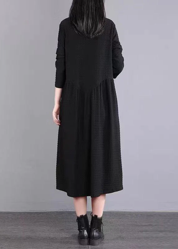 Black Pockets Patchwork Cotton Shirts Dress Peter Pan Collar Fall - Image 3