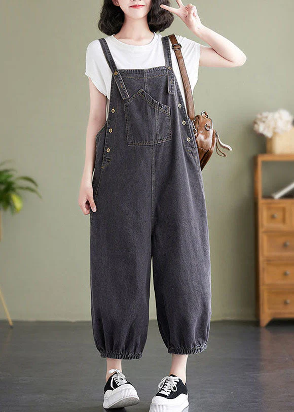 Black Pockets Patchwork Denim Overalls Jumpsuit Summer - Image 2