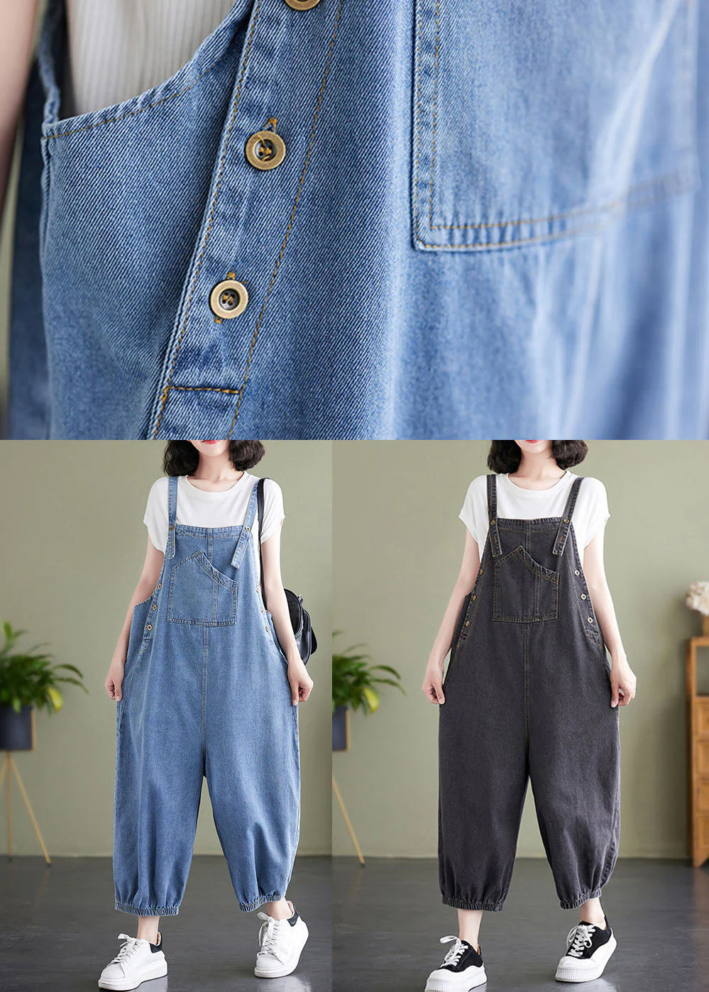 Black Pockets Patchwork Denim Overalls Jumpsuit Summer - Image 5