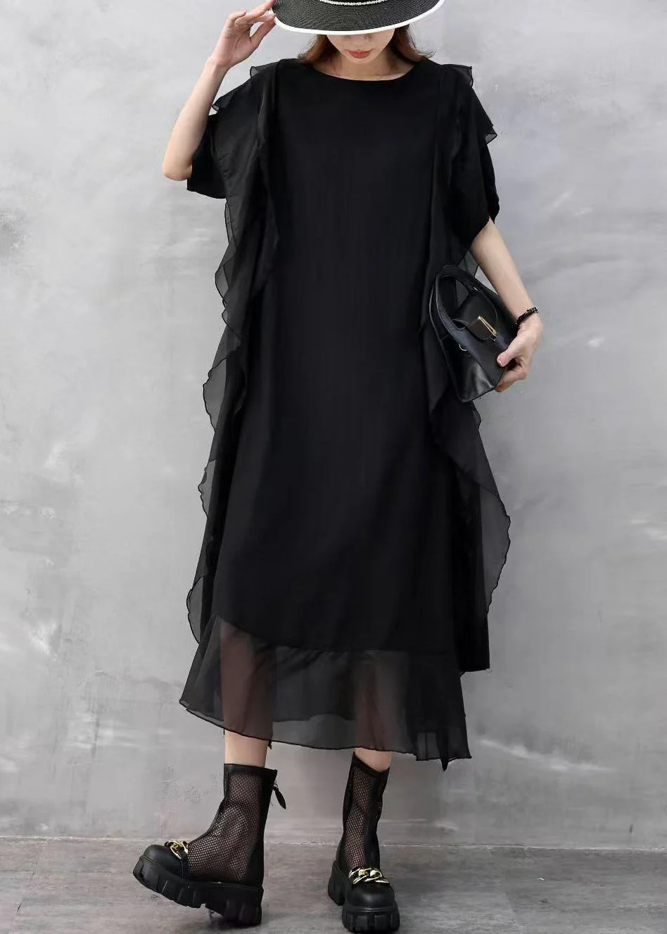 Black Pockets Solid Chiffon Summer Dresses O Neck - Image 2