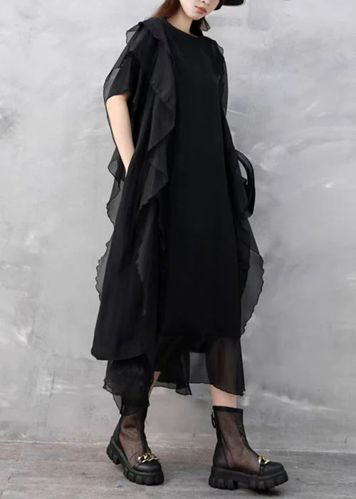 Black Pockets Solid Chiffon Summer Dresses O Neck - Image 3