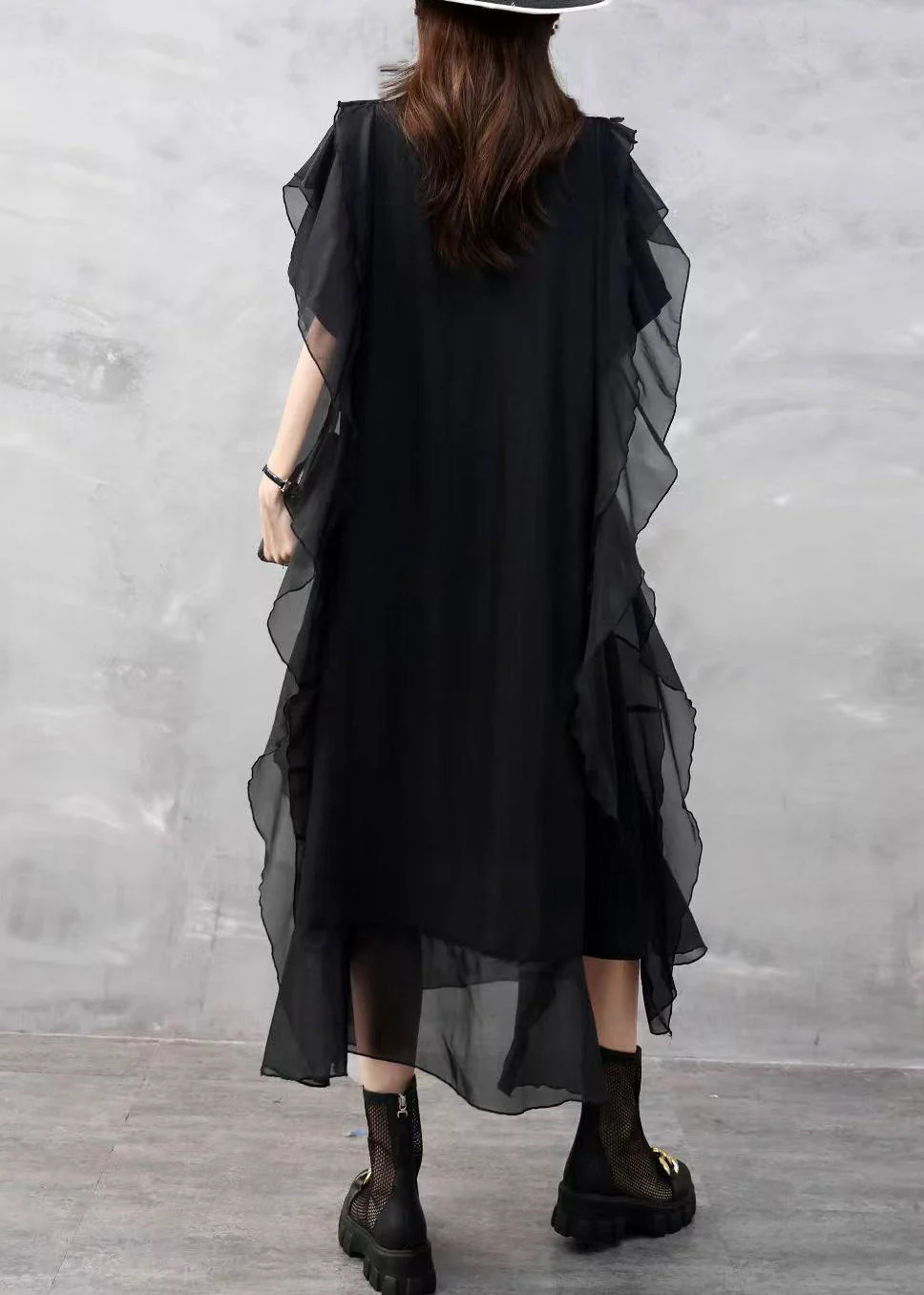 Black Pockets Solid Chiffon Summer Dresses O Neck - Image 4