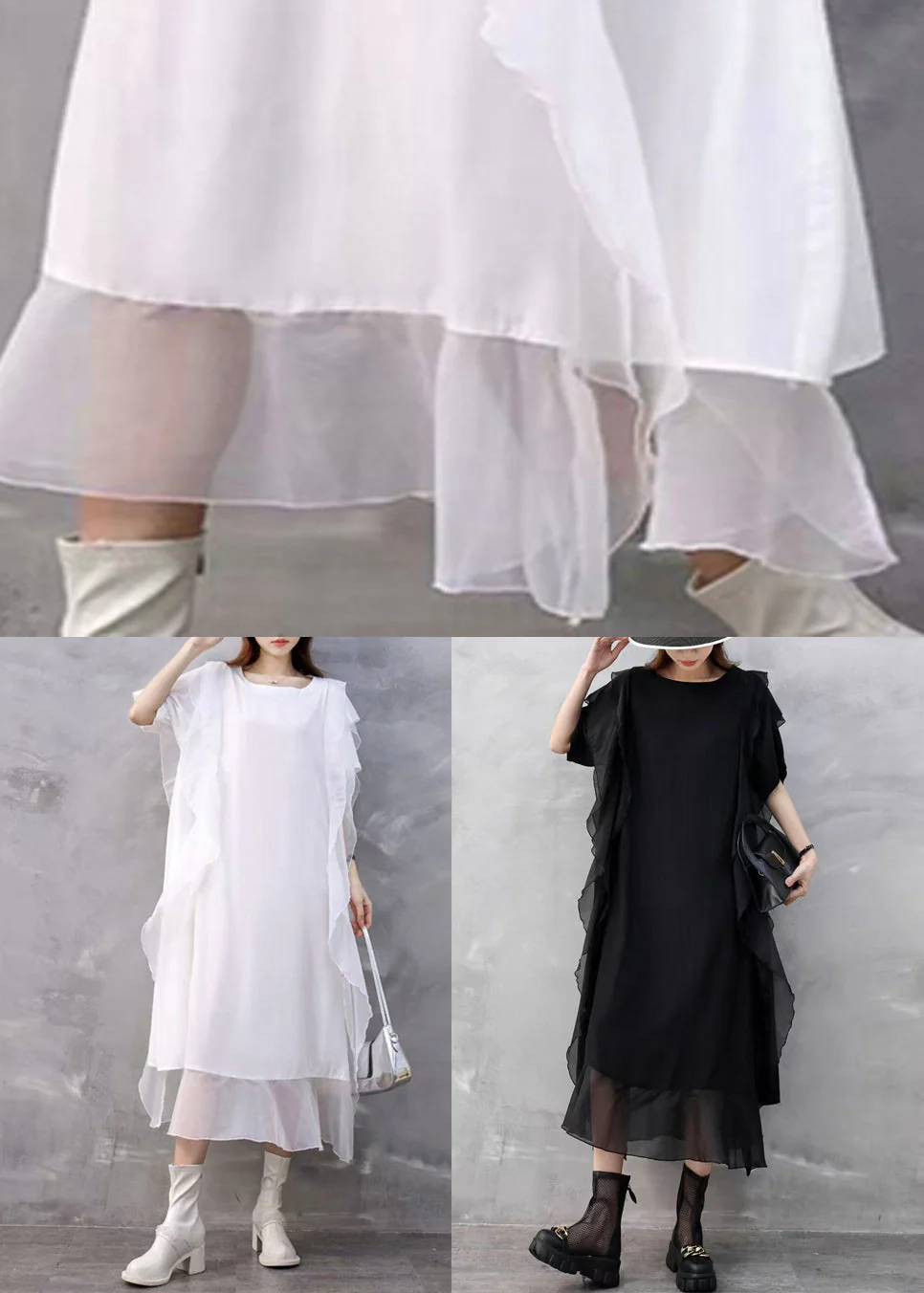Black Pockets Solid Chiffon Summer Dresses O Neck - Image 5