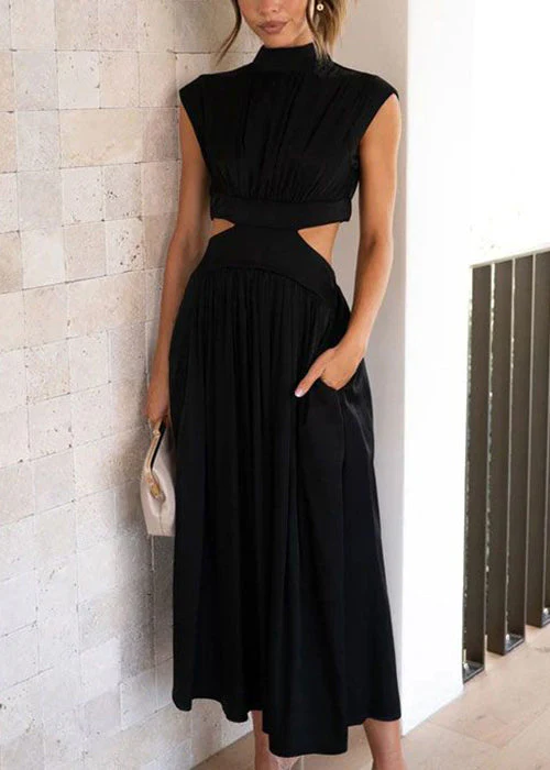Black Pockets Solid Cotton Summer Long Dresses Hollow Out - Image 3