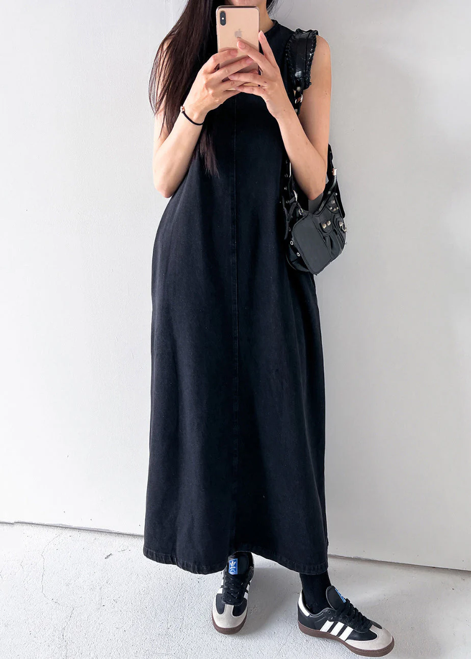 Black Pockets Solid Long Dress O Neck Denim Summer - Image 2