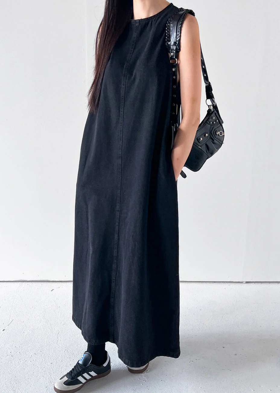 Black Pockets Solid Long Dress O Neck Denim Summer - Image 3