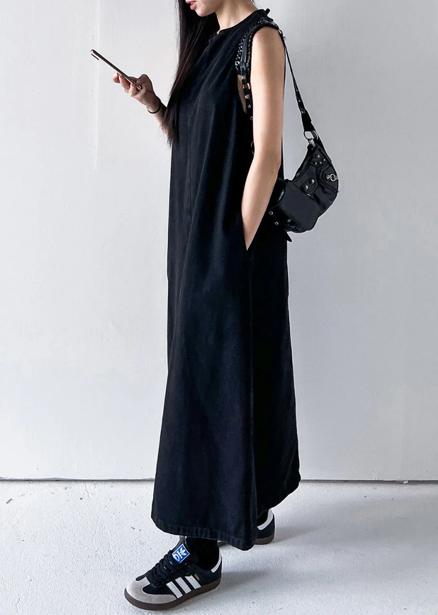 Black Pockets Solid Long Dress O Neck Denim Summer - Image 4