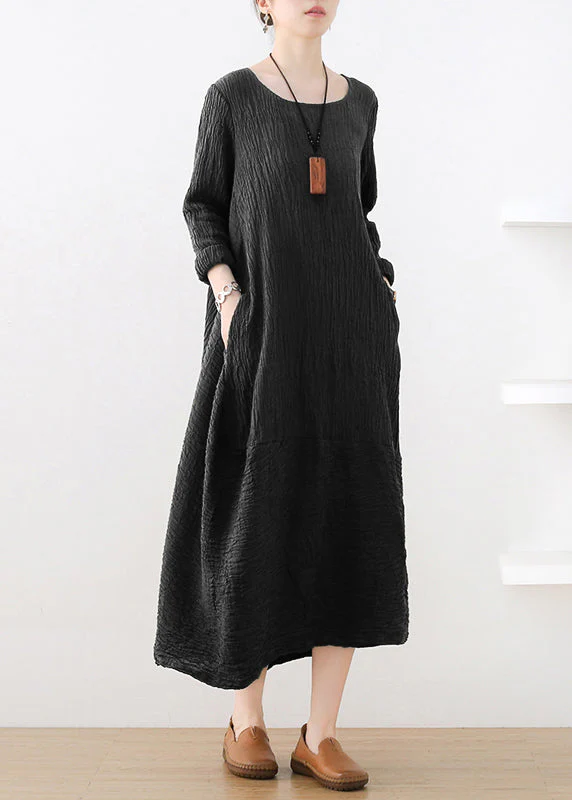Black Pockets Wrinkled Cotton Maxi Dresses Long Sleeve - Image 3